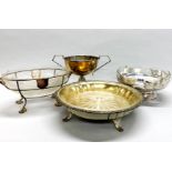Three antique silver plated and glass bowls/baskets (One handle A/F), and a silver plated trophy,