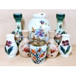 A group of 19th century hand painted opaline glass items, tallest H. 21cm.