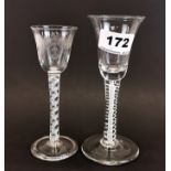 Two very fine 19th century latticinio stem glasses, tallest H. 15cm.