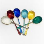 A set of six Danish sterling silver and enamel tea spoons.