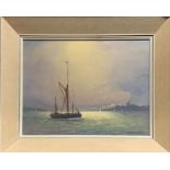 A 1970's framed oil on board of a Thames barge by Sheila Fairman, frame size 53 x 42cm.