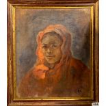 A gilt framed portrait oil on canvas laid on board, initialled R E, frame size 46 x 52cm.