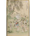 A large gilt framed Chinese watercolour of Tang ladies, frame size 51 x 81cm.