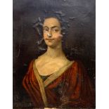 A large 18th century oil on canvas portrait of a lady cut and re-laid on a later canvas and