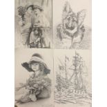 A group of four unframed pencil sketches, 41 x 28cm.