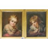 Two gilt framed Victorian oil on board portraits of girls, frame size 26 x 31cm.