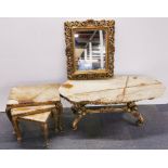 An onyx and gilt metal coffee table, L. 116cm, together with an onyx and metal nest of tables (one