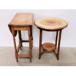 An Edwardian mahogany circular side table, Dia. 55cm, together with an oak drop leaf table."