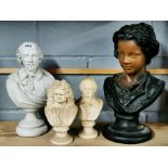 A ceramic bust of a girl, H. 40cm, together with a resin bust of Shakespeare and two further busts.