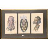 A framed group of three prints of girls in African tribal headdress, frame size 82 x 52cm.