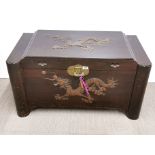 A Chinese carved teak and camphor wood lined blanket box, 101 x 54 x 54cm.