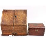 An oak stationery box, H. 29cm, with a 19th century tea caddy.