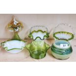 A group of six Continental green studio glass items, including a Palme Konig bowl.