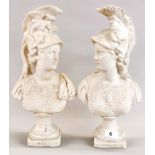 A pair of classical reconstituted marble busts of Mars and Minerva, H. 38cm.