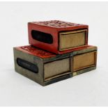 A group of three Chinese cinnabar topped matchbox covers, 6 x 4 x 3cm.