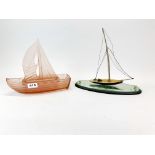 An Art Deco pink glass flower holder in the shape of a yacht, L. 28cm, together with a handmade