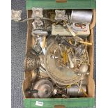 A box of silver plate and metalware.