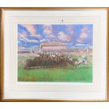 A large framed pencil signed limited edition 306 / 400 print after Moire Eva Burlon of a horse race,