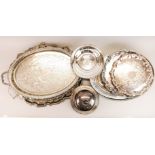 A group of silver plated trays, widest W. 56cm, with a silver plated muffin dish.