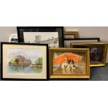 A group of framed and unframed watercolours and prints, largest 51 x 41cm.