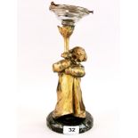 A 19th / early 20th century metal table lamp base of a child holding a lantern after Mednat with