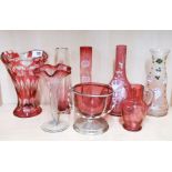 A good group of mixed cranberry coloured glassware, tallest H. 21cm.