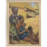 A framed oil on board of an African family braiding hair, signed C C Turner, frame size 63 x 83cm.