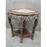 A 19th / early 20th century marble topped and hardwood corner table, H. 58cm, W. 80cm.