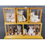 Nine Steiff teddy bears with display cases.