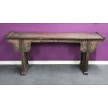 A superb Chinese carved hardwood altar table, 202 x 49 x 78cm.