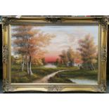 A large gilt framed oil on canvas depicting a lakeside scene, signed M. Woods, frame size 107 x