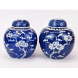A pair of Chinese prunus pattern porcelain ginger jars, H. 14cm.