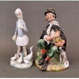 A Capo Di Monte style porcelain figure, H. 24cm, together with a porcelain Lladro figure of a girl.