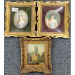 Two gilt framed hand painted miniatures of young woman, frame size 18 x 20cm, together with a gilt