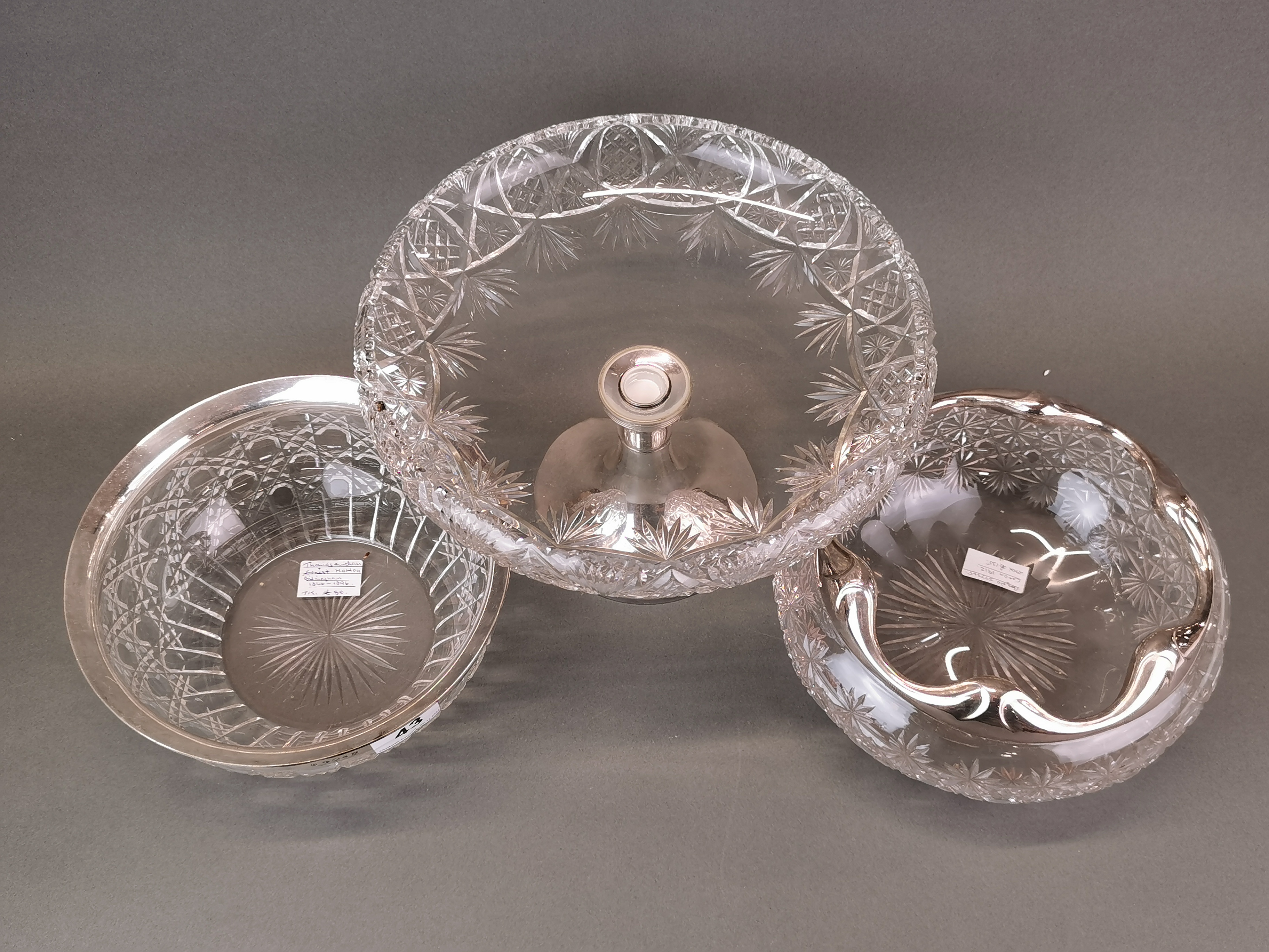 Two antique silver plate and cut glass fruit bowls, Dia. 23cm, together with a centrepiece. - Image 2 of 3