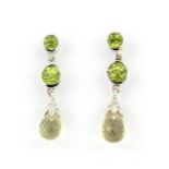 A pair of 925 silver drop earrings set with briolette cut citrines and round cut peridots, L. 3cm.
