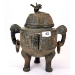 A large Chinese archaic form bronze censer, H. 34cm.