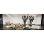 An Art Nouveau pewter and mirrored tray, with other Art Nouveau dressing table items etc.