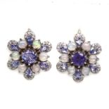 A pair of 925 silver cluster earringss set with tanzanites and cabochon cut opals, L. 2cm.