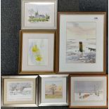 A group of framed watercolours, largest 39 x 49cm.