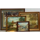 A group of three oil paintings and a framed print, largest frame size 61 x 73cm.