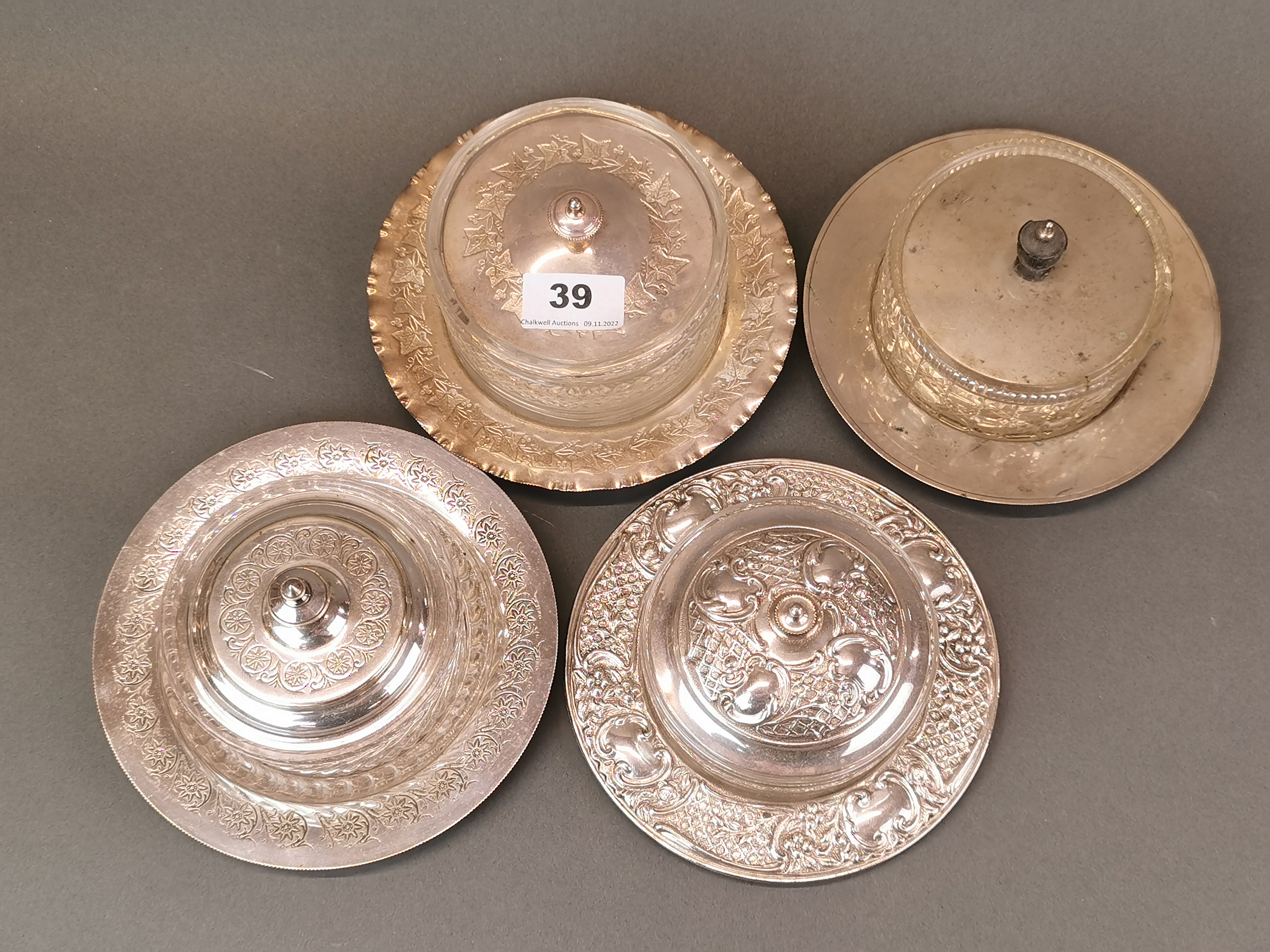 A group of four antique silver plate and glass preserve dishes, Dia. 17cm. - Image 2 of 3