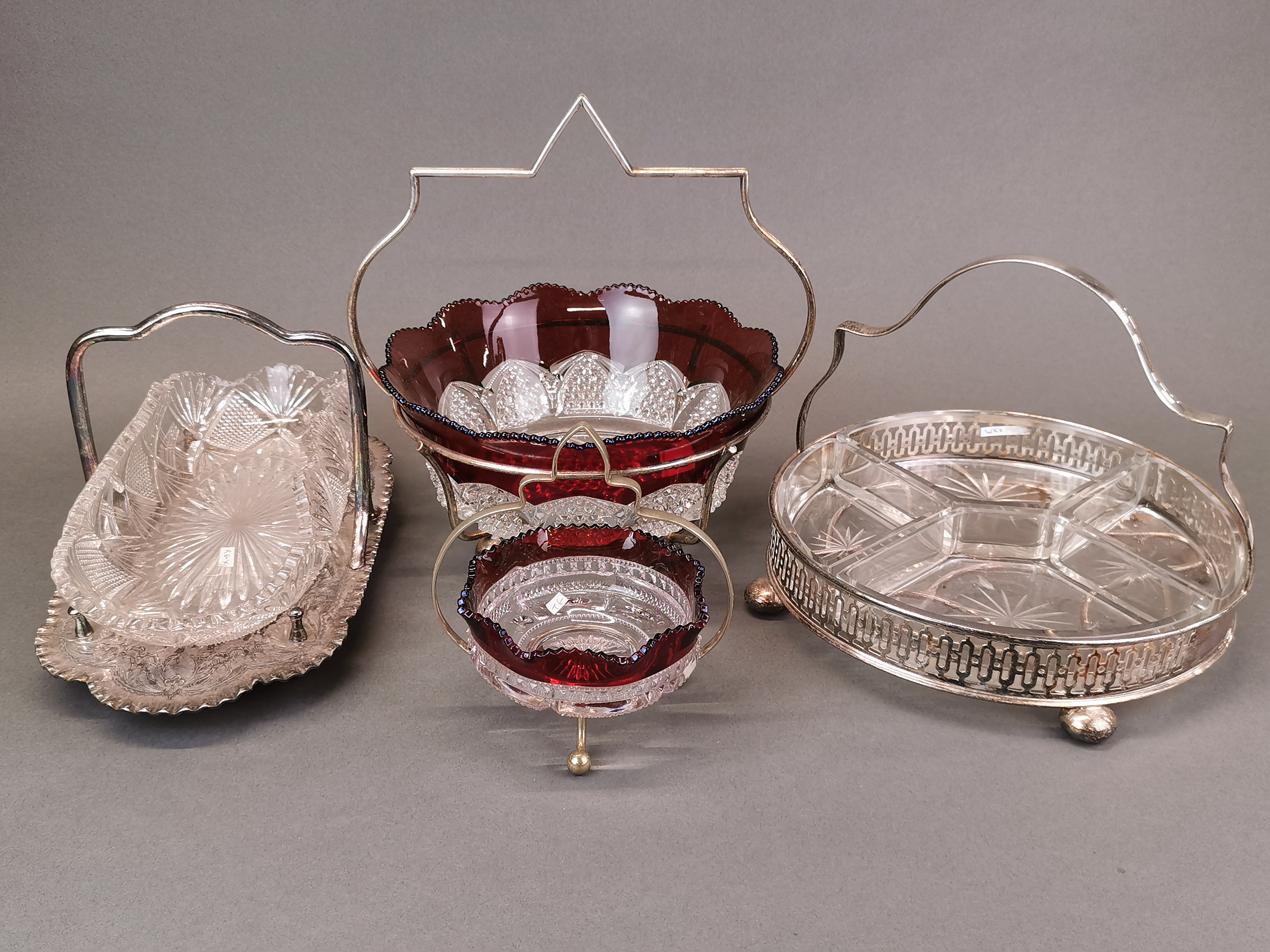 A group of antique silver plate and glass items, basket H. 25cm, Dia. 22cm.