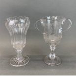 A 19th century acid etched glass celery vase, together with a cut crystal vase, H. 26cm.
