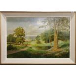 David Meade F.C.I.A.D R.A (British): A large 1970's framed oil on canvas of a landscape entitled '