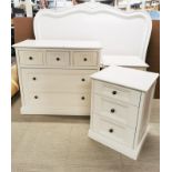 A paint finished five drawer chest, 105 x 92cm, together with a pair of matching bedside cabinets