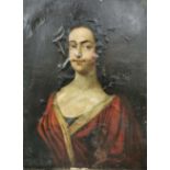 A large 18th century oil on canvas portrait of a lady cut and re-laid on a later canvas and