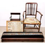 A Victorian mahogany and tapestry prayer stool with an inlaid tapestry upholstered chair, a framed