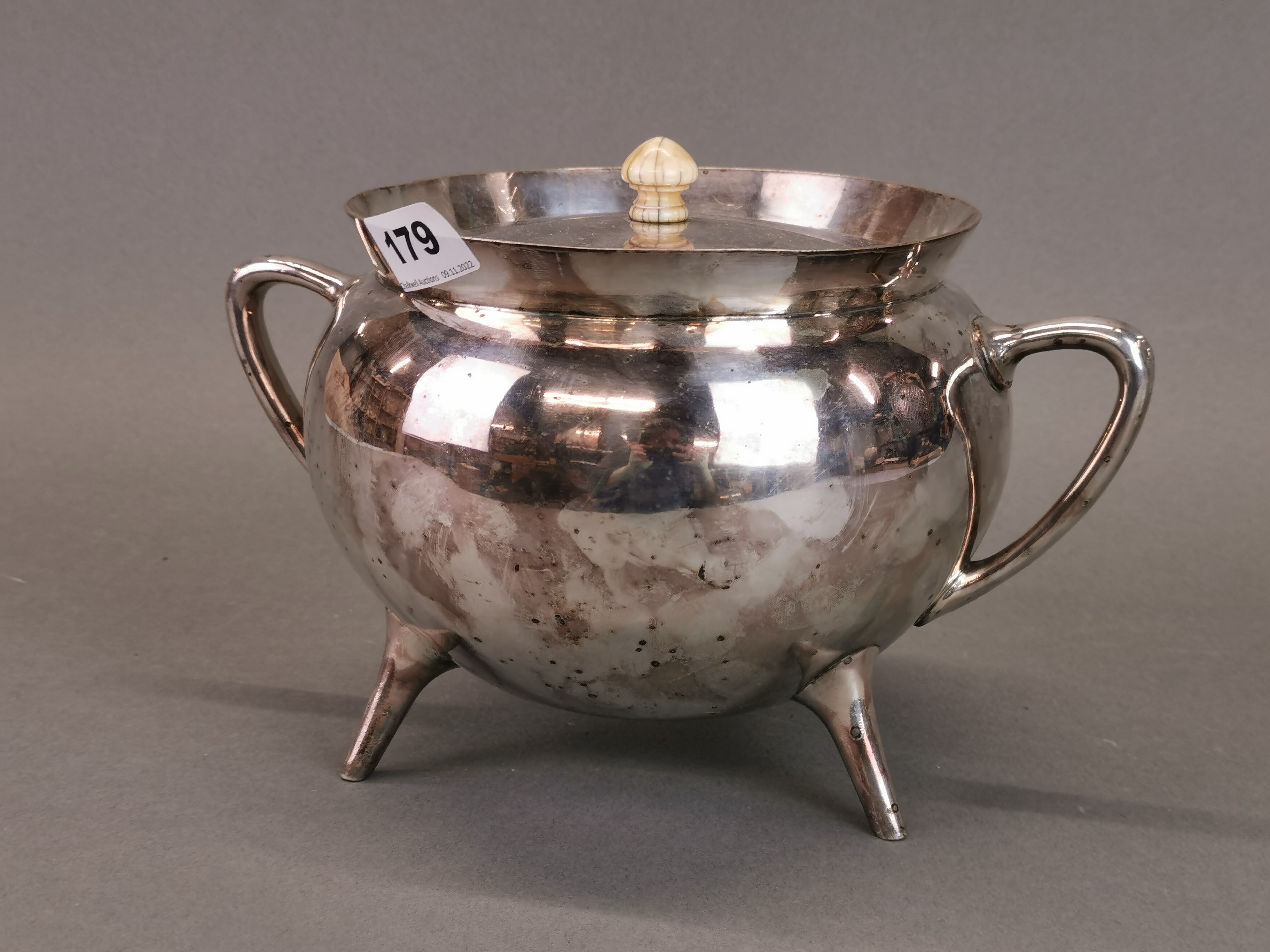 A Christopher Dresser style silver plated cauldron shaped punch bowl and cover, W. 27cm, H. 18cm. - Image 2 of 4