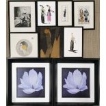 A group of Art Deco style prints, largest 32 x 32cm, together with a pair of framed flower prints,